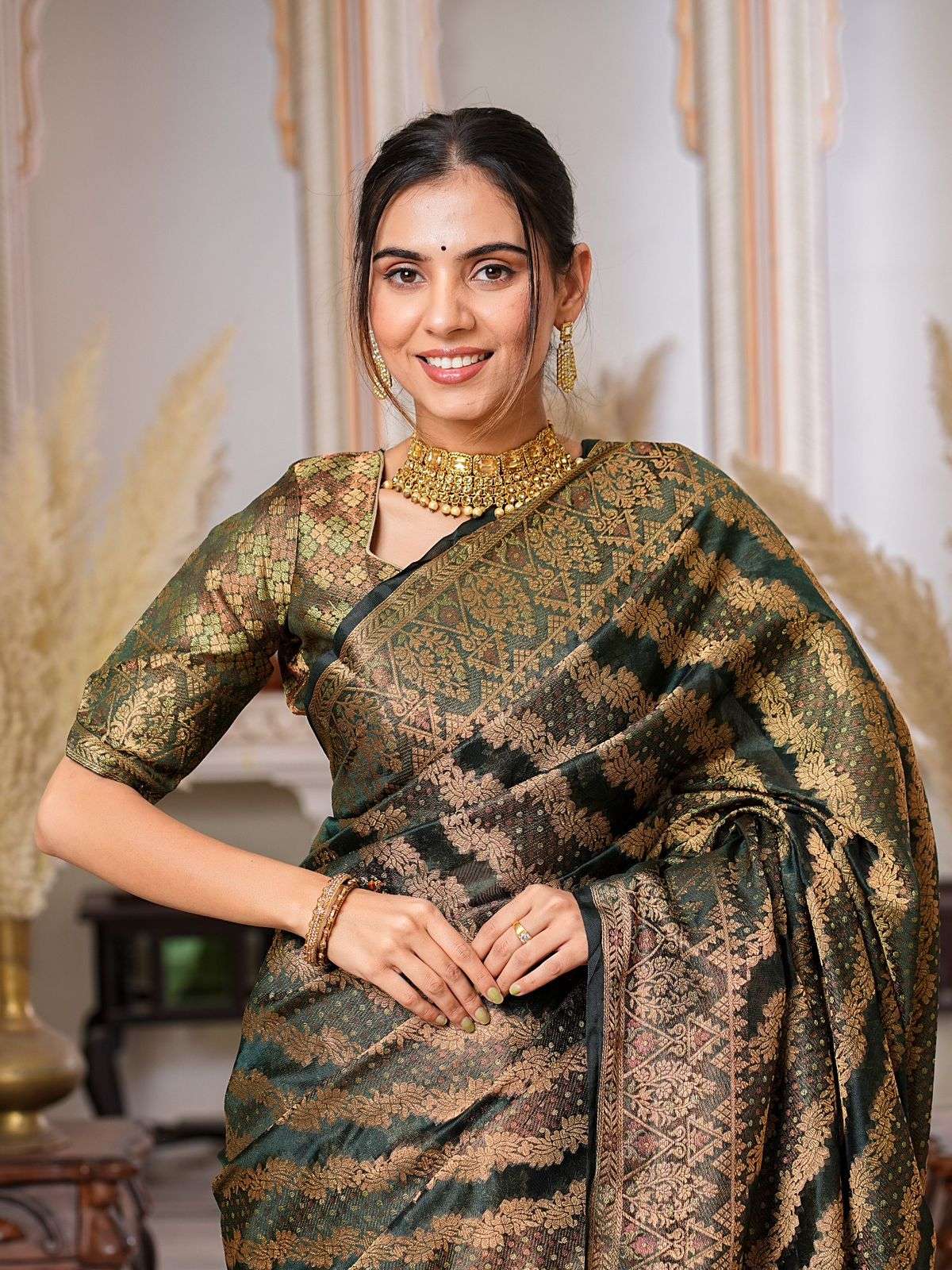 Dark Green Color Pure Organza Saree 